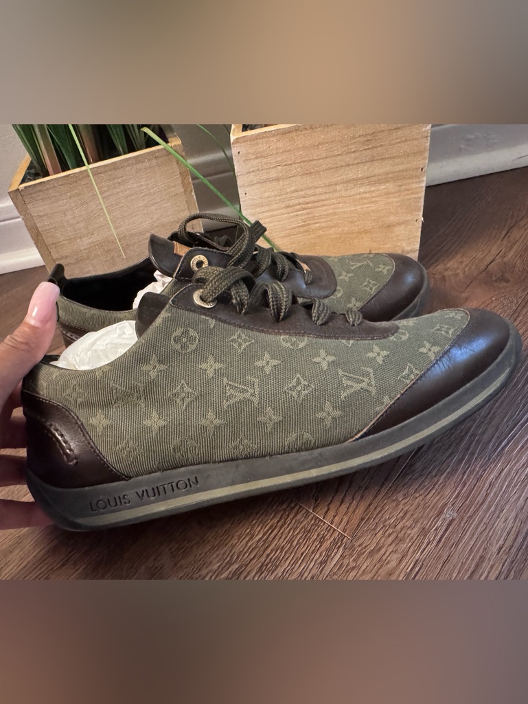 Authentic Louis Vuitton Olive Monogram Low-Top Sneakers With Brown Trim